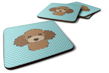 Load image into Gallery viewer, Checkerboard Blue Chocolate Brown Poodle Coasters - Set of 4 Lightweight Foam, Absorbent Drink Coasters BB1194FC