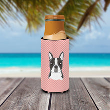 Load image into Gallery viewer, Checkerboard Pink Boston Terrier Slim Can Hugger – Fun &amp; Functional Drink Coolers BB1203MUK