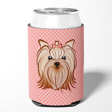 Load image into Gallery viewer, Checkerboard Pink Yorkie Yorkshire Terrier Can or Bottle Hugger BB1204CC
