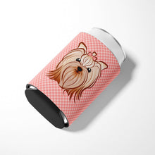 Load image into Gallery viewer, Checkerboard Pink Yorkie Yorkshire Terrier Can or Bottle Hugger BB1204CC