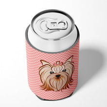 Load image into Gallery viewer, Checkerboard Pink Yorkie Yorkshire Terrier Can or Bottle Hugger BB1204CC