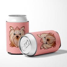 Load image into Gallery viewer, Checkerboard Pink Yorkie Yorkshire Terrier Can or Bottle Hugger BB1204CC