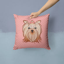 Load image into Gallery viewer, Checkerboard Pink Yorkie Yorkshire Terrier Canvas Throw Pillow - 14x14 Decorative Pillow – Art for Your Home &amp; Patio BB1204PW1414