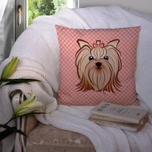 Load image into Gallery viewer, Checkerboard Pink Yorkie Yorkshire Terrier Canvas Throw Pillow - 14x14 Decorative Pillow – Art for Your Home &amp; Patio BB1204PW1414