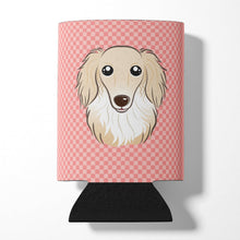Load image into Gallery viewer, Checkerboard Pink Longhair Creme Dachshund Can or Bottle Hugger BB1212CC