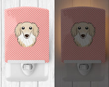 Load image into Gallery viewer, Checkerboard Pink Longhair Creme Dachshund Ceramic Night Light BB1212CNL