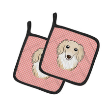 Load image into Gallery viewer, Checkerboard Pink Longhair Creme Dachshund Pot Holders - Set of 2 - Heat-Resistant Kitchen Essentials BB1212PTHD