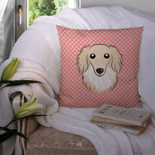 Load image into Gallery viewer, Checkerboard Pink Longhair Creme Dachshund Canvas Throw Pillow - 14x14 Decorative Pillow – Art for Your Home &amp; Patio BB1212PW1414