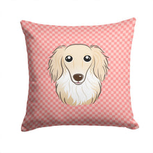 Load image into Gallery viewer, Checkerboard Pink Longhair Creme Dachshund Canvas Throw Pillow - 14x14 Decorative Pillow – Art for Your Home &amp; Patio BB1212PW1414