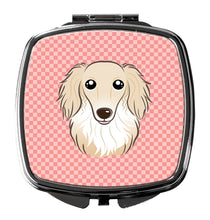 Load image into Gallery viewer, Checkerboard Pink Longhair Creme Dachshund Compact Mirror – Stylish Purse Mirror with Artistic Covers BB1212SCM