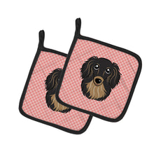 Load image into Gallery viewer, Checkerboard Pink Longhair Black and Tan Dachshund Pot Holders - Set of 2 - Heat-Resistant Kitchen Essentials BB1213PTHD