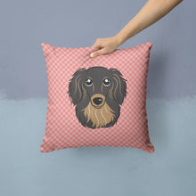Load image into Gallery viewer, Checkerboard Pink Longhair Black and Tan Dachshund Canvas Throw Pillow - 14x14 Decorative Pillow – Art for Your Home &amp; Patio BB1213PW1414