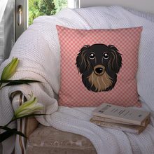 Load image into Gallery viewer, Checkerboard Pink Longhair Black and Tan Dachshund Canvas Throw Pillow - 14x14 Decorative Pillow – Art for Your Home &amp; Patio BB1213PW1414