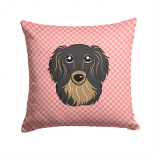 Load image into Gallery viewer, Checkerboard Pink Longhair Black and Tan Dachshund Canvas Throw Pillow - 14x14 Decorative Pillow – Art for Your Home &amp; Patio BB1213PW1414