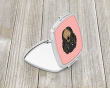 Load image into Gallery viewer, Checkerboard Pink Longhair Black and Tan Dachshund Compact Mirror – Stylish Purse Mirror with Artistic Covers BB1213SCM