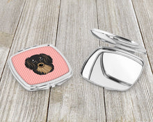 Load image into Gallery viewer, Checkerboard Pink Longhair Black and Tan Dachshund Compact Mirror – Stylish Purse Mirror with Artistic Covers BB1213SCM