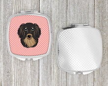 Load image into Gallery viewer, Checkerboard Pink Longhair Black and Tan Dachshund Compact Mirror – Stylish Purse Mirror with Artistic Covers BB1213SCM