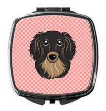 Load image into Gallery viewer, Checkerboard Pink Longhair Black and Tan Dachshund Compact Mirror – Stylish Purse Mirror with Artistic Covers BB1213SCM