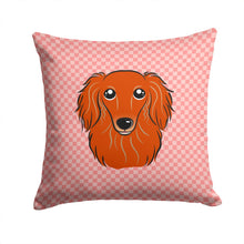 Load image into Gallery viewer, Checkerboard Pink Longhair Red Dachshund Canvas Throw Pillow - 14x14 Decorative Pillow – Art for Your Home &amp; Patio BB1214PW1414