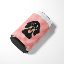 Load image into Gallery viewer, Checkerboard Pink Smooth Black and Tan Dachshund Can or Bottle Hugger BB1215CC