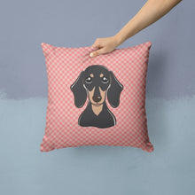 Load image into Gallery viewer, Checkerboard Pink Smooth Black and Tan Dachshund Canvas Throw Pillow - 14x14 Decorative Pillow – Art for Your Home &amp; Patio BB1215PW1414