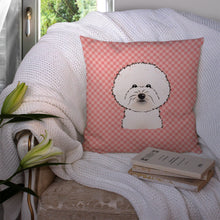 Load image into Gallery viewer, Checkerboard Pink Bichon Frise Canvas Throw Pillow - 14x14 Decorative Pillow – Art for Your Home &amp; Patio BB1217PW1414