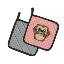 Load image into Gallery viewer, Checkerboard Pink Chocolate Brown Shih Tzu Pot Holders - Set of 2 - Heat-Resistant Kitchen Essentials BB1249PTHD