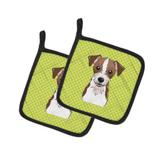 Load image into Gallery viewer, Checkerboard Lime Green Jack Russell Terrier Pot Holders - Set of 2 - Heat-Resistant Kitchen Essentials BB1264PTHD