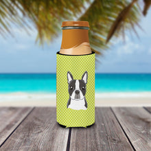 Load image into Gallery viewer, Checkerboard Lime Green Boston Terrier Slim Can Hugger – Fun &amp; Functional Drink Coolers