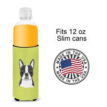 Load image into Gallery viewer, Checkerboard Lime Green Boston Terrier Slim Can Hugger – Fun &amp; Functional Drink Coolers