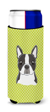 Load image into Gallery viewer, Checkerboard Lime Green Boston Terrier Slim Can Hugger – Fun &amp; Functional Drink Coolers