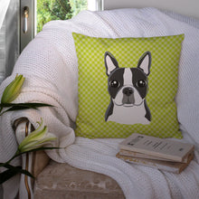 Load image into Gallery viewer, Checkerboard Lime Green Boston Terrier Canvas Throw Pillow - 14x14 Decorative Pillow – Art for Your Home &amp; Patio BB1265PW1414