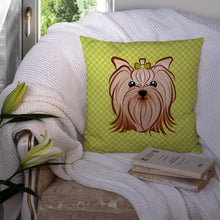 Load image into Gallery viewer, Checkerboard Lime Green Yorkie Yorkshire Terrier Canvas Throw Pillow - 14x14 Decorative Pillow – Art for Your Home &amp; Patio BB1266PW1414