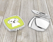 Load image into Gallery viewer, Checkerboard Lime Green Maltese Compact Mirror – Stylish Purse Mirror with Artistic Covers BB1270SCM