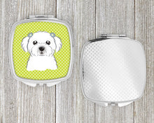 Load image into Gallery viewer, Checkerboard Lime Green Maltese Compact Mirror – Stylish Purse Mirror with Artistic Covers BB1270SCM