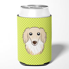 Load image into Gallery viewer, Checkerboard Lime Green Longhair Creme Dachshund Can or Bottle Hugger BB1274CC