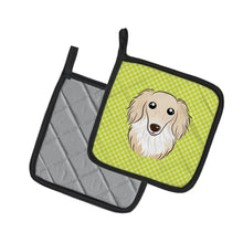 Load image into Gallery viewer, Checkerboard Lime Green Longhair Creme Dachshund Pot Holders - Set of 2 - Heat-Resistant Kitchen Essentials BB1274PTHD