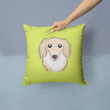 Load image into Gallery viewer, Checkerboard Lime Green Longhair Creme Dachshund Canvas Throw Pillow - 14x14 Decorative Pillow – Art for Your Home &amp; Patio BB1274PW1414