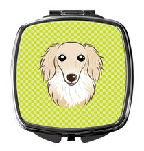 Load image into Gallery viewer, Checkerboard Lime Green Longhair Creme Dachshund Compact Mirror – Stylish Purse Mirror with Artistic Covers BB1274SCM