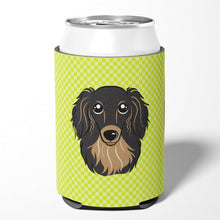 Load image into Gallery viewer, Checkerboard Lime Green Longhair Black and Tan Dachshund Can or Bottle Hugger BB1275CC