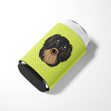 Load image into Gallery viewer, Checkerboard Lime Green Longhair Black and Tan Dachshund Can or Bottle Hugger BB1275CC
