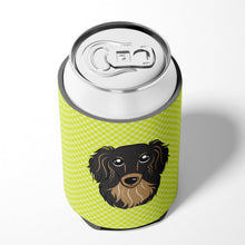 Load image into Gallery viewer, Checkerboard Lime Green Longhair Black and Tan Dachshund Can or Bottle Hugger BB1275CC