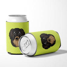 Load image into Gallery viewer, Checkerboard Lime Green Longhair Black and Tan Dachshund Can or Bottle Hugger BB1275CC