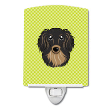Load image into Gallery viewer, Checkerboard Lime Green Longhair Black and Tan Dachshund Ceramic Night Light BB1275CNL