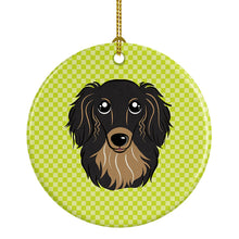 Load image into Gallery viewer, Checkerboard Lime Green Longhair Black and Tan Dachshund Ceramic Ornament BB1275CO1