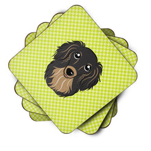 Load image into Gallery viewer, Checkerboard Lime Green Longhair Black and Tan Dachshund Coasters - Set of 4 Lightweight Foam, Absorbent Drink Coasters BB1275FC