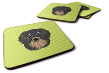Load image into Gallery viewer, Checkerboard Lime Green Longhair Black and Tan Dachshund Coasters - Set of 4 Lightweight Foam, Absorbent Drink Coasters BB1275FC