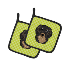 Load image into Gallery viewer, Checkerboard Lime Green Longhair Black and Tan Dachshund Pot Holders - Set of 2 - Heat-Resistant Kitchen Essentials BB1275PTHD