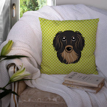 Load image into Gallery viewer, Checkerboard Lime Green Longhair Black and Tan Dachshund Canvas Throw Pillow - 14x14 Decorative Pillow – Art for Your Home &amp; Patio BB1275PW1414