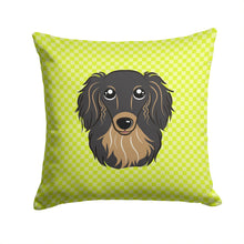 Load image into Gallery viewer, Checkerboard Lime Green Longhair Black and Tan Dachshund Canvas Throw Pillow - 14x14 Decorative Pillow – Art for Your Home &amp; Patio BB1275PW1414